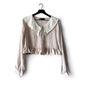 Zara Beige Ruffle Hem Blouse with Oversized Embroidered Collar Women’s Size M